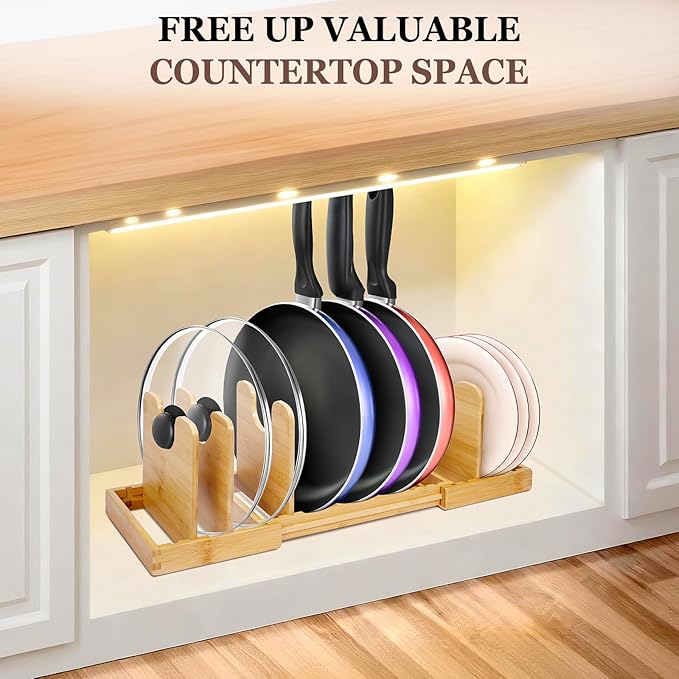 Bamboo Pot Lid Organizer, Pots and Pans Organizer Inside Cabinet, Pot Lids holder for Kitchen Countertop