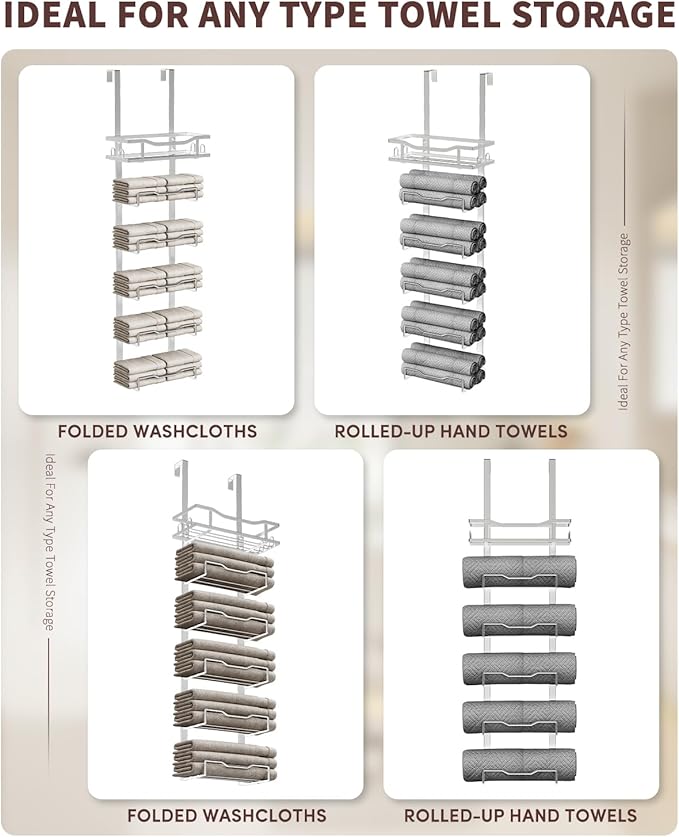 Hanging Towel Racks for Bathroom No Drill - Over The Door 6-Tier Bath Towel Storage Organizer for Small Bathrooms-Back Door Large Tiered Towel Holder Hanger for Rolled Towels RV Camper Silver