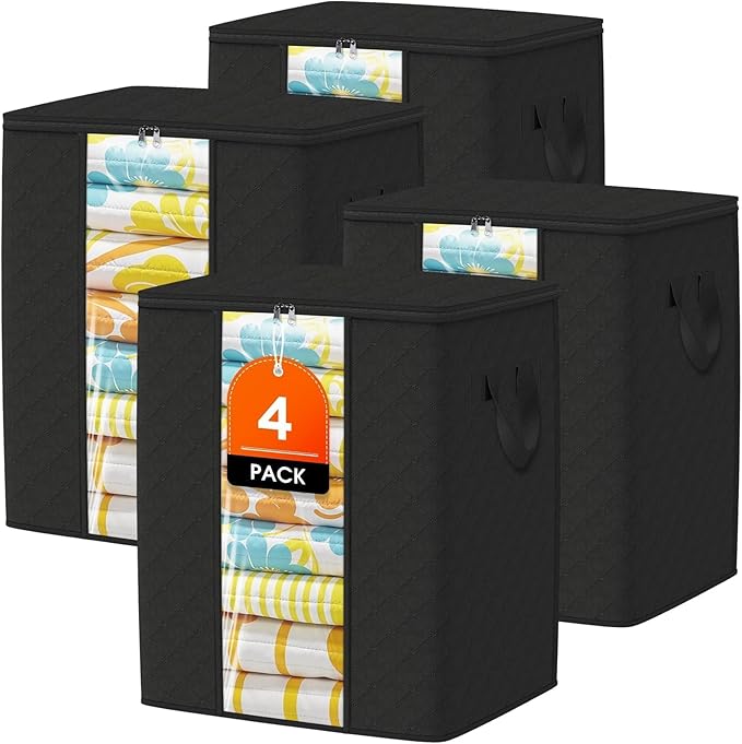 Clothes Storage Bags, 4-Pack Comforter Blanket Organizers, 80L Large Capacity Containers with Visual Window for Clothing, Quilt, Sheet, Pillow, Closet Organization for Bedding (Black)
