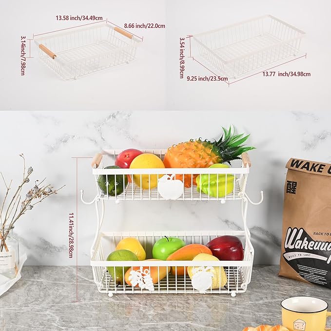 2 Tier Fruit Basket Bowl with 2 Banana Hangers, Fruit Stand Holder for Kitchen Countertop, Detachable Metal Wire Vegetable Storage Organizer, for Bread Snack Veggies Produce, white