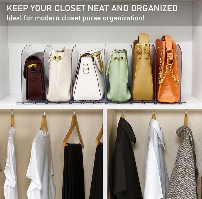 Purse Organizer for Closet Shelf 8 Divider, Adjustable Divider Closet Organizer, Shelf Dividers Storage Organizer for Purse and Handbag Closet Shelves (Clear)