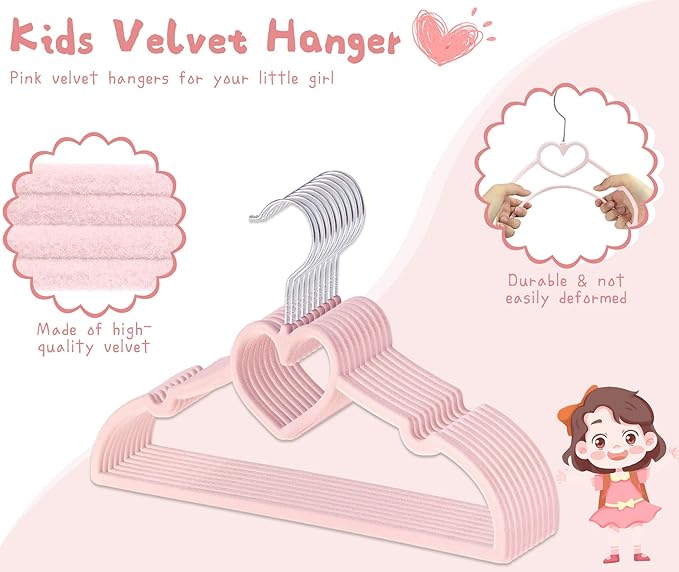 GOSCHE Kids Velvet Hangers (12.8 Inch - 50 Pack), Non-Slip Baby Clothes Hangers for Closet, Ultra Slim Space Saving Children Hanger, 360Degree Swivel-Hook, Infant/Toddler Hangers, Dark Pink