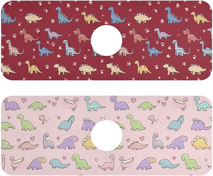 Red Dinosaur Stars Paw Prints Colorful Hearts Kitchen Sink Splash Guard Sink Faucet Mat Faucet Handle Drip Catcher Drain Mats for Kitchen Bathroom Countertop Absorbent Dish Dryi