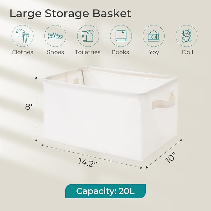 Storage Basket Bins with Metal Frame, Large Collapsible Fabric Storage Baskets for Organizing Shelf, Basket Organizer W/Handles for Blankets, Towels, Laundry, Shelves, 2-Pack, Beige