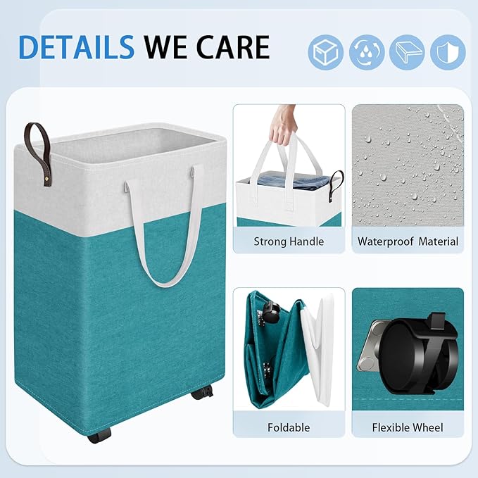 HomeHacks 90L Large Rolling Laundry Basket, Laundry Hamper with 4 Smooth Wheels, Collapsible Waterproof Clothes Basket, Freestanding Hamper with Handles for Bedroom/Dorm/Laundry Room (Green)