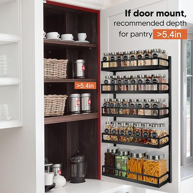 X-cosrack Wall Mount Spice Rack Organizer 5 Tier Height-Adjustable Hanging Spice Shelf Storage for Kitchen Pantry Cabinet, Dual-Use Seasoning Holder Rack with Hooks, Black-Patented