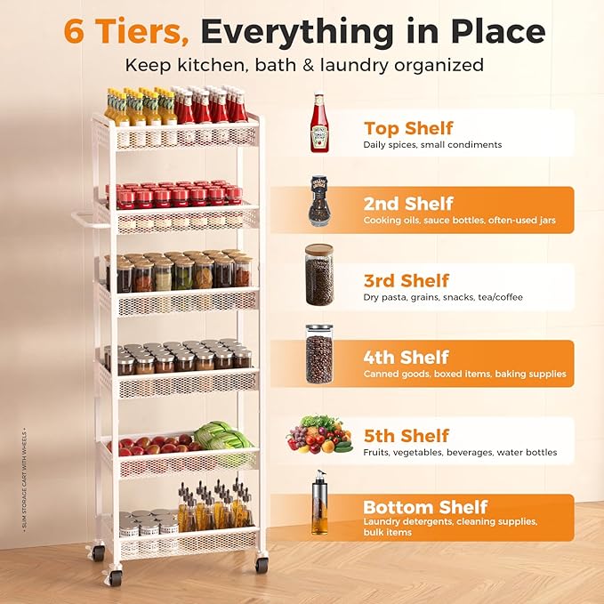 6 Tier Slim Storage Cart with Wheels, 10" D Rolling Storage Cart for Small Space, Metal Narrow Spice Cabinet Mobile Shelving Unit Organizer with Handle for Kitchen, Laundry - White