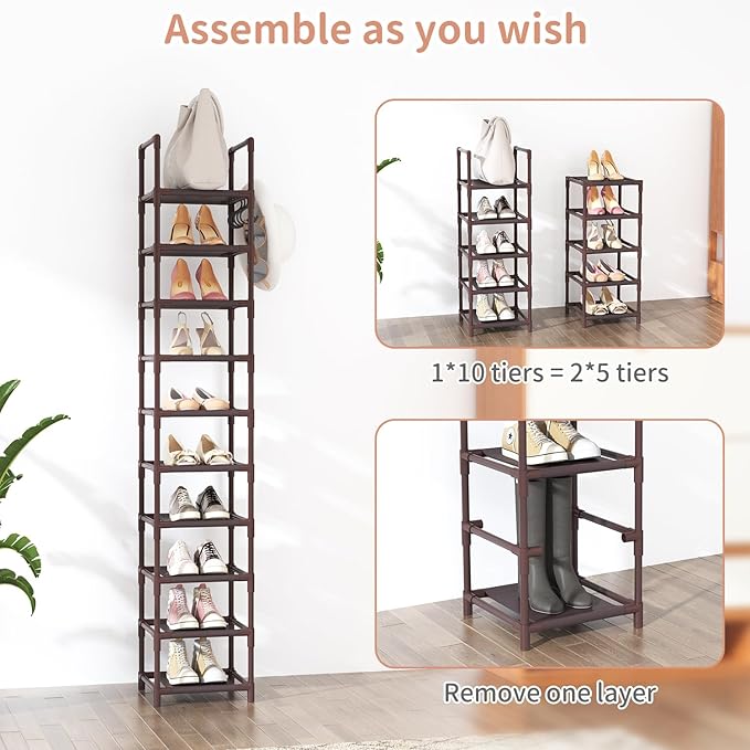 Tall Shoe Rack 10-Tier Narrow Shoe Shelf Storage for 10-15 Pairs Shoe and Boot, Sturdy Shoe Storage Space Saving Corner Shoe Rack Organizer for Closet, Entryway, Living Room, Brown