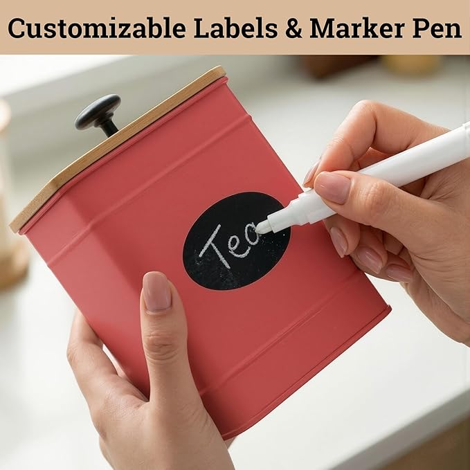 Kitchen Canisters for Countertop Set of 4 with Customizable Chalkboard Labels & Marker Pen - Big Iron Kitchen Canister Set with Airtight Lids - Red Canisters - Sugar Tea Coffee Containers Sets