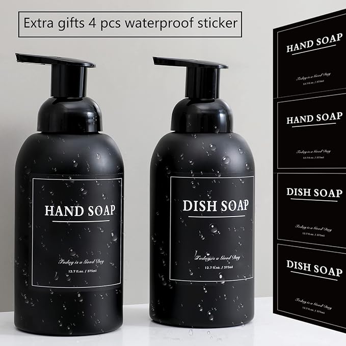rejomiik 2 Pack Foaming Thick Glass Foam Hand Soap Dispenser for Bathroom or Kitchen Sink, 13 oz Pump Bottles for Hand soap, Body Wash, Matte Black