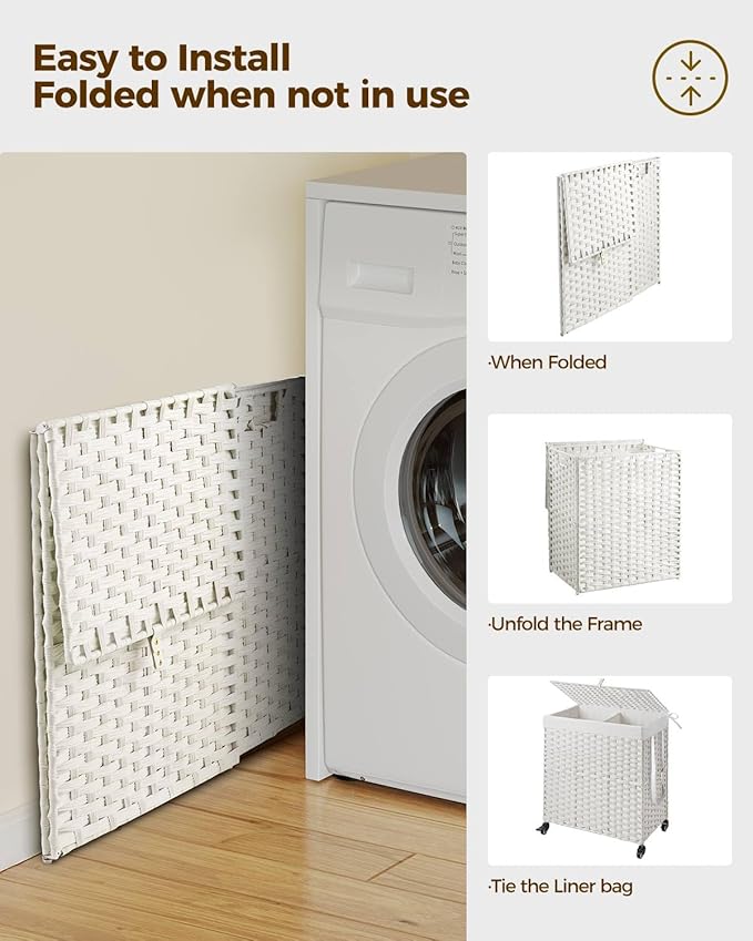 Greenstell Laundry Hamper with Wheels, No Install Needed, 110L Divided Handwoven Hampers & 2 Removable Liner Bags, Rattan Clothes Laundry Basket with Lid & Handles, Foldable Hampers White