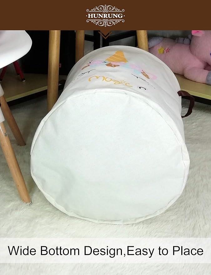 HUNRUNG Laundry Hamper,Large Canvas Fabric Lightweight Storage Basket Toy Organizer Dirty Clothes Collapsible Waterproof for College Dorms, Children Bedroom,Bathroom (Round-Magic-Unicorn)