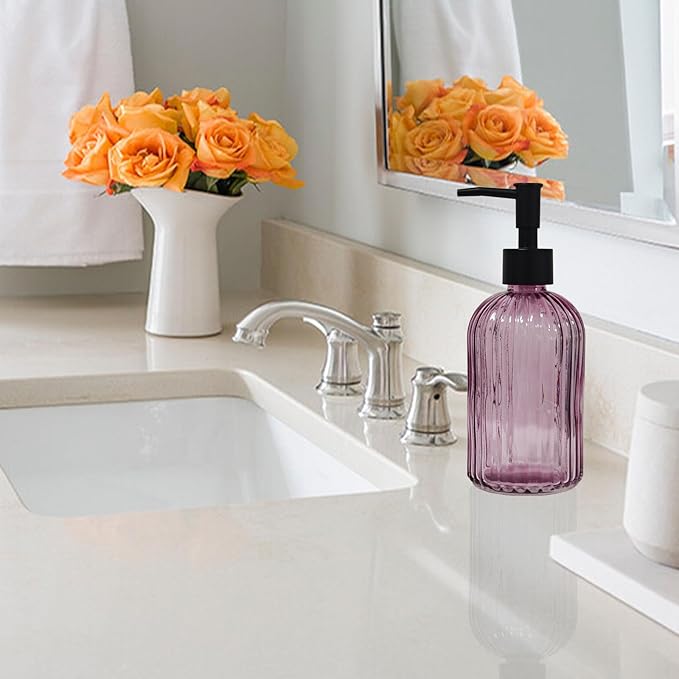 Black Pump Glass Soap Dispenser, 13.5oz Purple Stripe Countertop Refillable Liquid Bottle Hand Dish Lotion Dispenser with Plastic Pump, for Kitchen, Bathroom Countertop