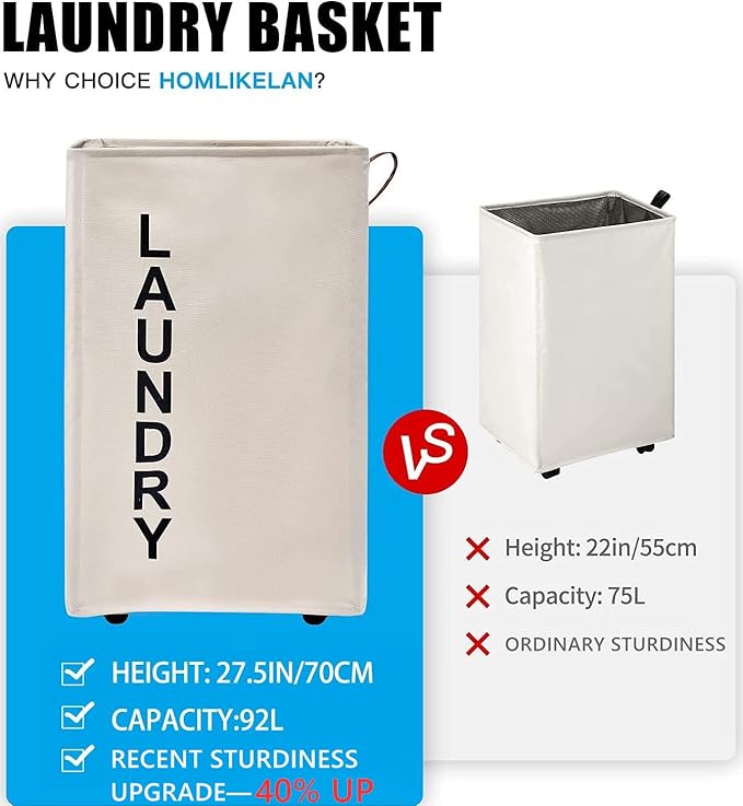 92L Large Laundry Hamper with Leather Handle,Standable Laundry Basket with Wheels ,Large Hamper,Rolling Laundry Basket White
