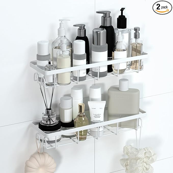 Uninol Shower Caddy Organizer with Hooks,Self Adhesive Bathroom Shelves,No Drilling Bathroom Organizers and Storage,Perfect for RV, Apartment, Home Decor,2 Pack White