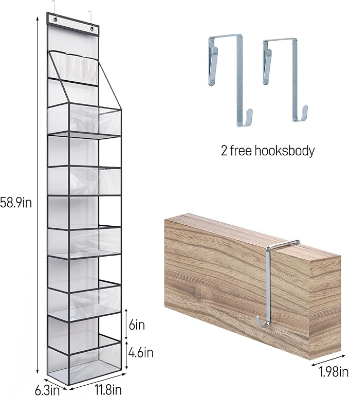 Fixwal 6-Shelf Over The Door Hanging Pantry Organizer Hanging Storage with Clear Plastic Pockets Behind The Door Storage Organizer with 3 Small PVC Pockets for Closet Bedroom Bathroom (Grey)