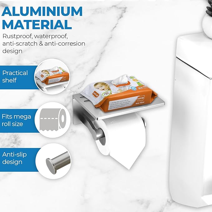 Toilet Paper Holder with Shelf and 2 Towel Hooks - Self Adhesive Toilet Paper Storage - Tissue Roll Holder with Phone Shelf - Wall Mount Toilet Roll Bathroom Organizer - Brushed Nickel