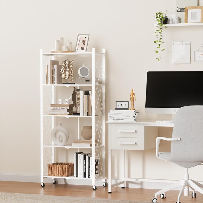 ALANNG 5 Tier Storage Shelves on Wheels, No Assembly Metal Folding Shelf Heavy Duty, White | Colorful | Rolling | Collapsible | Rack Unit | for Living Room Office | 13.4" D x 28" W x 64.6" H