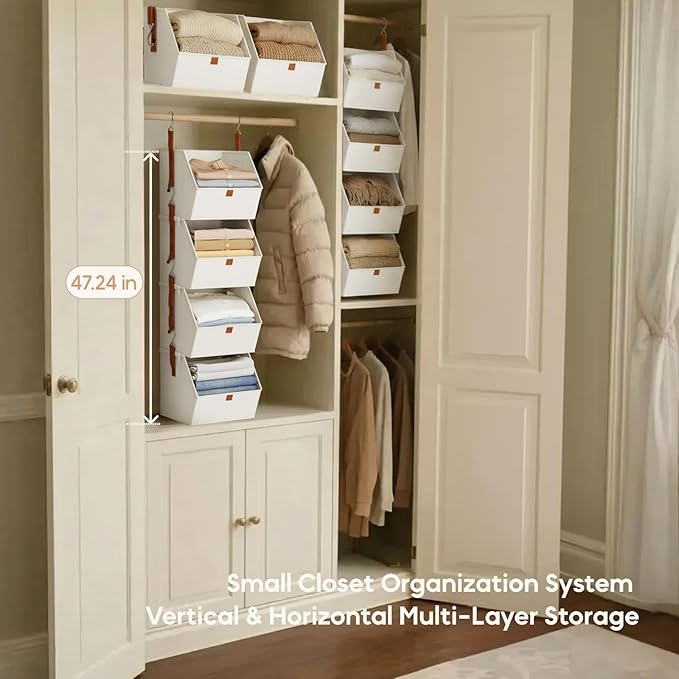 Hanging Closet Organizer 4 Tier - Clothes Hanging Shelves, Space-Saving Closet System, Fabric Storage Bins Bedroom Organization, Collapsible Baskets for Home, Dorm, Rv, White