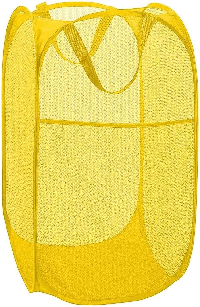 BATTOO Deluxe Strong Mesh Pop up Laundry Hamper Basket with Side Pocket for Laundry Room, Bathroom, Kids Room, College Dorm or Travel Yellow