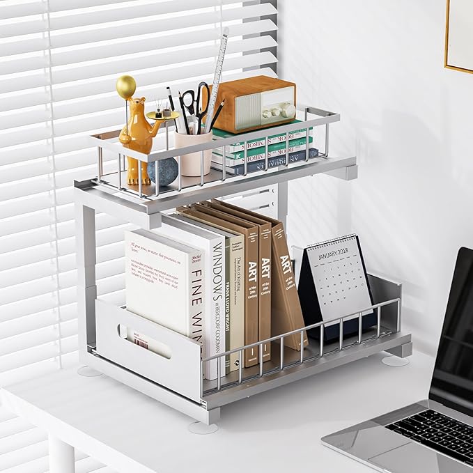 Under Sink Organizer, Heavy Duty Metal Pull Out Cabinet Organizer Slide Out Sink Shelf Organizer Height Adjustable, Multi-Purpose Storage Shelf for Kitchen Bathroom(Sliver,2Pack)