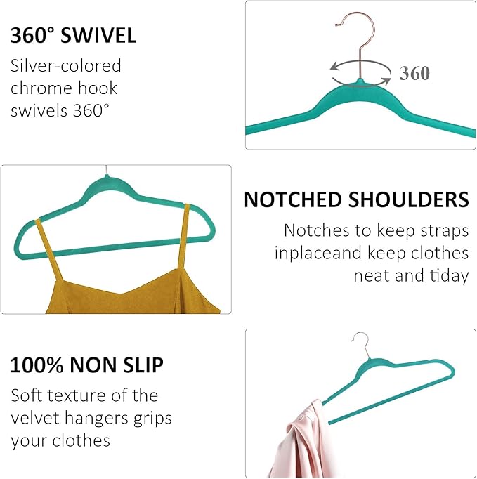 VECELO Premium Velvet Clothes Hangers Suit Heavy Duty (60 Pack)-Non Slip & Space-Saving with 8 Finger Clips & Tie Rack Excellent for Men and Women,Light Teal