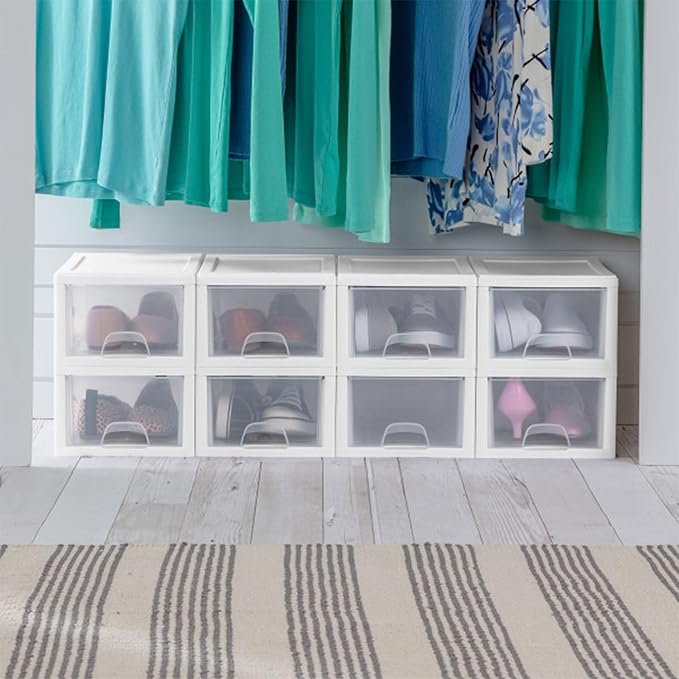 Sterilite 24-Pack 6 Quart Stacking Drawer, Clear Storage Closet Organizer, White Frame - Stackable Modular Plastic Drawers for Clothes, Accessories, Craft Supplies, Shoes or Linens