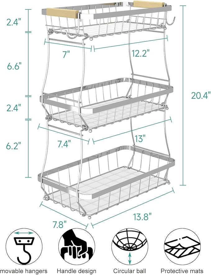 2 Tier Large Fruit Basket for Kitchen Counter with 2 Mobile Banana Hangers, 2026 Pro Detachable Metal Fruit Bowl with Wooden Handle (Silver, 3 Tier)