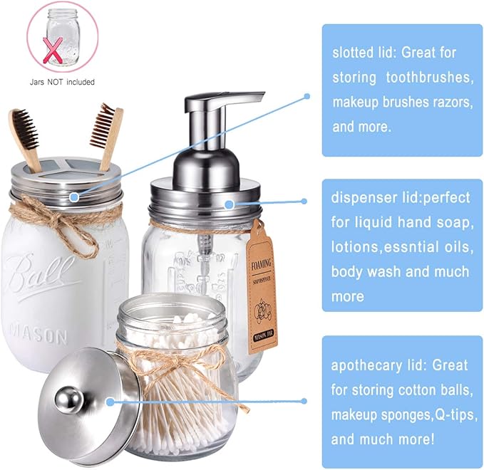 Mason Jar Bathroom Accessories Set(4pcs)- Jars Not Included - Foaming Soap Dispenser,Toothbrush Holder, and Apothecary Storage Jars Lids -Rustic Farmhouse Decor,Brushed Nickel