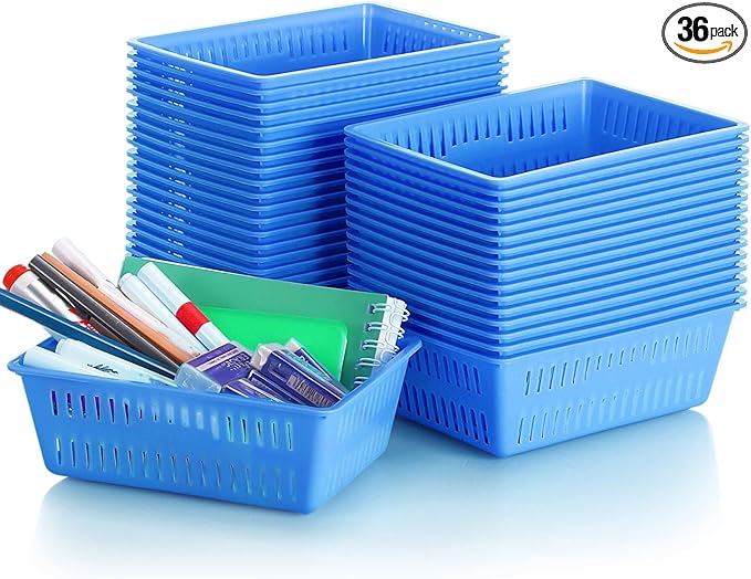 Sherr 36 Pack Classroom Storage Basket Small Plastic Basket for Organizing Crayon Pencil Container Storage Bin Tray Holder for Paper Shelf Back to School Office Supply 6.1" l x 4.3" w x 2.4" h(Blue)