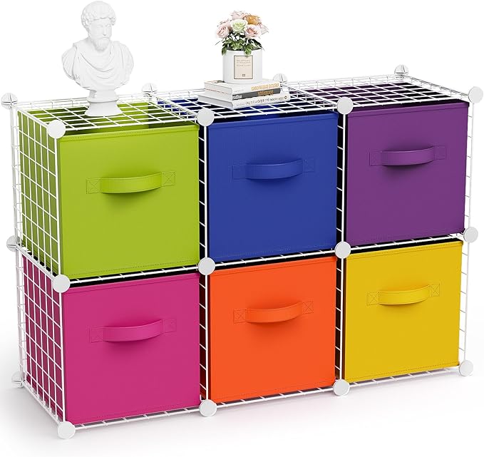 Leinuosen 6 Cube Storage Organizer with Fabric Bins, Wire Grid Stackable Shelves, Drawer Closet Organizer, Modular Storage Units for Bedroom Living Room Office Clothes Toys Crafts(White,Colorful)