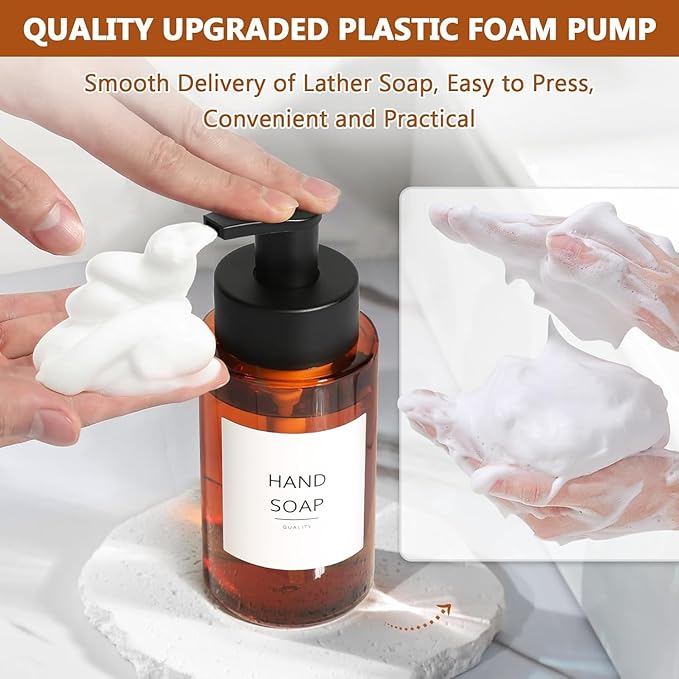 Amber Foam Soap Dispenser, 10 oz/300ml Glass Foaming Soap Dispenser, 2 Pcs Foaming Hand Dispenser for Bathroom & Kitchen, Refillable Bottle with Waterproof Labels