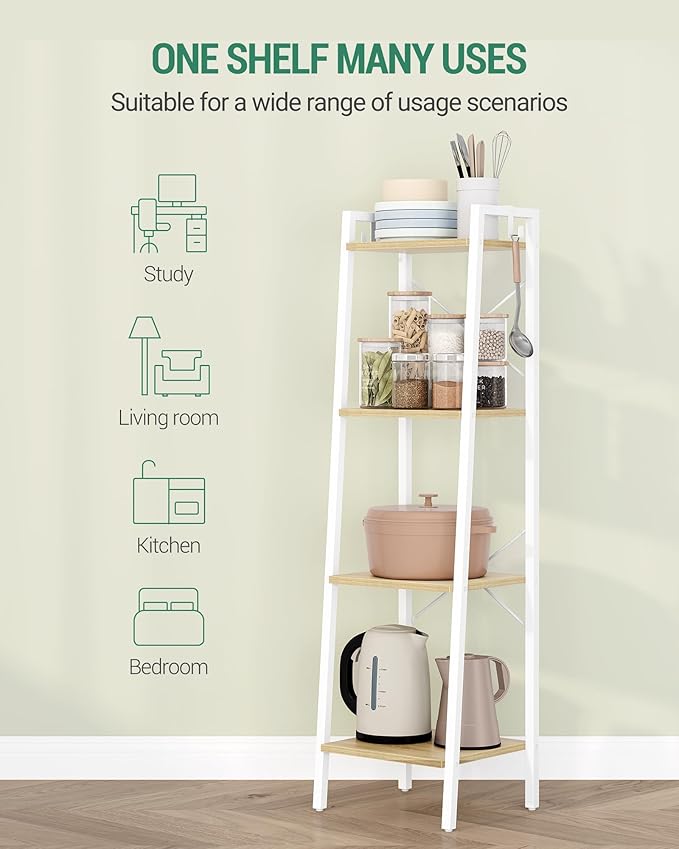 Ladder Shelf, Bookshelf Bookcase, Freestanding Corner Storage Shelve with 2 Hooks for Home Office, Living Room, Kitchen, Bedroom, Industrial, 11.8" D x 13.4" W x 47.2" H, White Oak and White