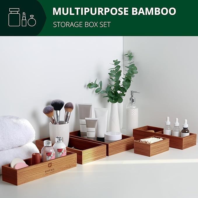 ROYAL CRAFT WOOD Premium Carbonized Bamboo Decorative Boxes - Drawer Organizer Set (5-Piece) – Wood Storage Boxes for Kitchen, Bathroom, Office & Makeup