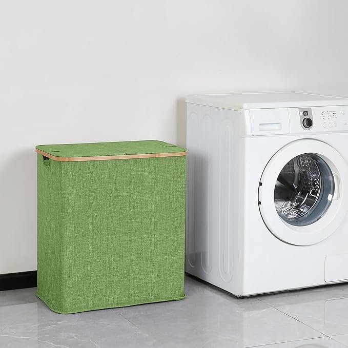 efluky Laundry Hamper with Lid, Double Laundry Hamper with 2 Removable Bags, 2 Section Laundry Basket with Bamboo Handles for Bathroom, Bedroom & Laundry Room,140L Green