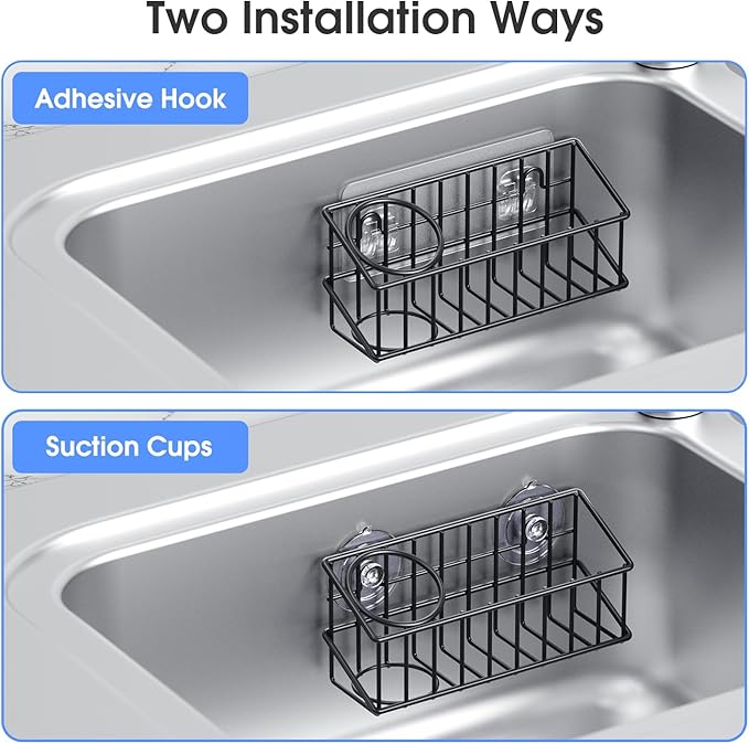 Kitchen Sink Organizer, Strong Adhesive Mount Detachable Sponge Holder for Kitchen & Bathroom Sink with Extra Suction Cups, Holds Sponges, Dish Brushes, Scrubbing Pads