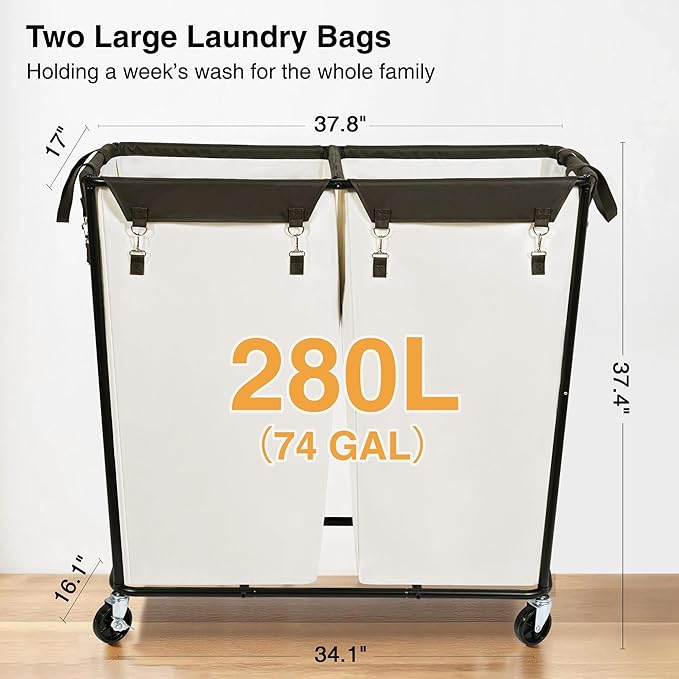 STO STO 280L Rolling Industrial Laundry Hamper with Wheels, 2-Compartment Extra Large Laundry Sorter, Heavy Duty Dirty Clothes Basket Cart with Metal Frame for Home or Commercial Use, Beige