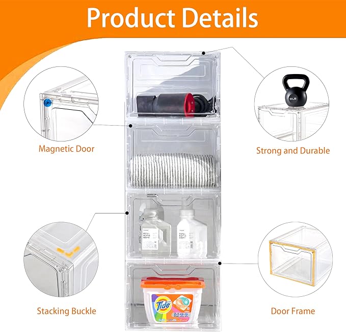 Storage Bins with Lids 10 Pack Clear Stackable Plastic Closet Organizers Containers w/Magnetic Door Box for Wardrobe Bedroom Office Dorm