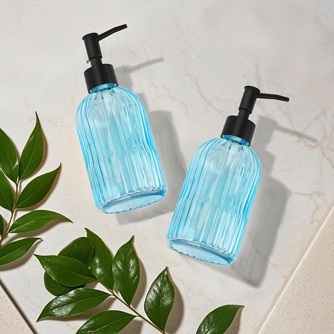 2 Pack Stripe Glass Soap Dispenser with Black Plastic Pump, 400ml Liquid Hand Soap Dispenser, Rustproof Pump for Kitchen & Bathroom, Great for Lotions, Essential Oil, Liquid Soaps- (Light Blue)