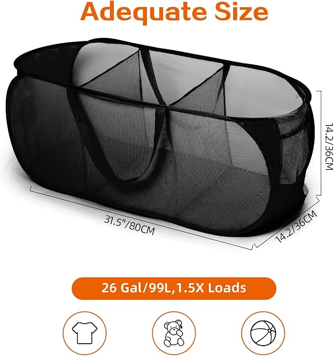 Foldable Laundry Baskets, Collapsible Mesh Laundry Hamper, Durable Pop Up Laundry Basket, 3 Compartments Clothes Hampers for Laundry, Easy to Carry & Sort for Dorm, Home, Kids Room, Travel Black