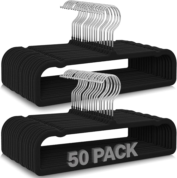 50 Pack Black Velvet Hangers Non Slip, Felt Pants Hangers Thin Space Saving Clothes Hanger Flocked Strong Durable Ganchos para Colgar Ropa with 360°Swivel Hook for Pants Jeans Shorts Skirts Tank Top