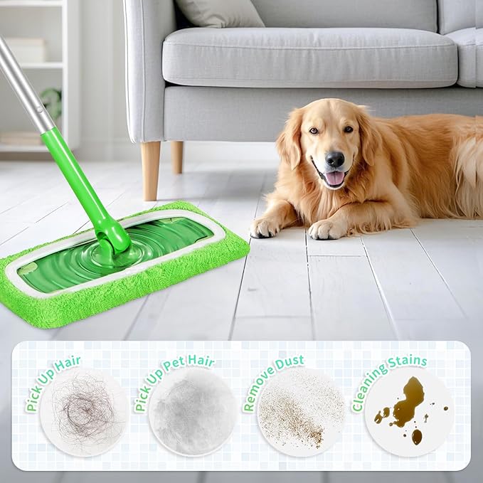 8 Pack Reusable Mop Pads Compatible with Swiffer Sweeper, Coral Fleece Washable Swiffer Mop Pads, Dry & Wet Sweeping Mopping Cloths (Green, Not Included Mop)
