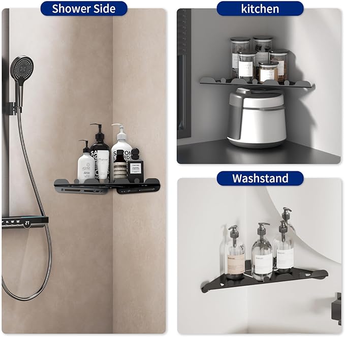 LLLFTJ 2 Pack Corner Shower Shelf, 10" 304 Stainless Steel Modern Corner Shower Shelf for Inside Shower, Heavy Duty Shower Caddy Organizer with Razor Hole, Drilling Installation (Black, 10")