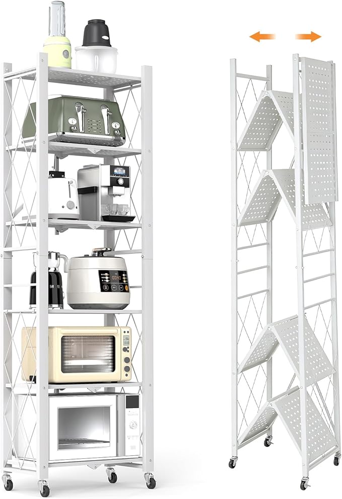 6-Tier Foldable Storage Shelves with Wheels, Folding Metal Shelf Unit, Folding Bookshelf no Assembly, Collapsible Shelves for Craft Shows for Kitchen, Bedroom, Living Room, White