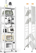 6-Tier Foldable Storage Shelves with Wheels, Folding Metal Shelf Unit, Folding Bookshelf no Assembly, Collapsible Shelves for Craft Shows for Kitchen, Bedroom, Living Room, White