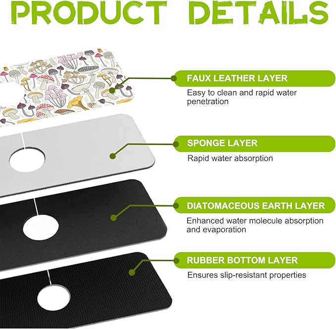 Kitchen Sink Splash Colorful Mushrooms Guard Faucet Mat Super Absorbent Fast Drying Mat Guard Behind Faucet Drip Catcher for Kitchen Bathroom, 15.5"X5.5"