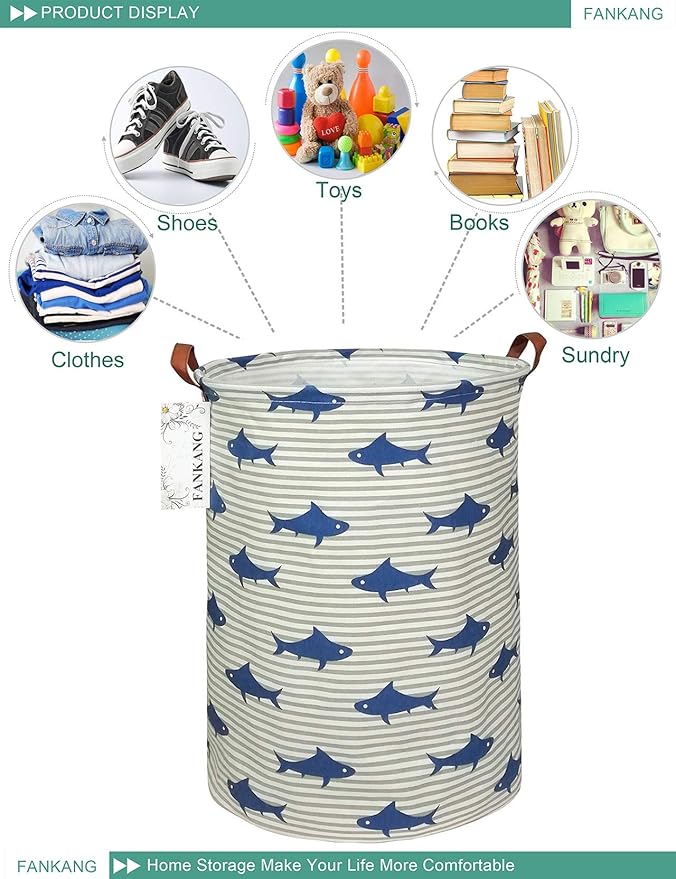 FANKANG Storage Basket, Nursery Hamper Canvas Laundry Basket Foldable with Waterproof PE Coating Large Storage Baskets for Kids Boys and Girls, Office, Bedroom, Clothes,Toys（Shark）