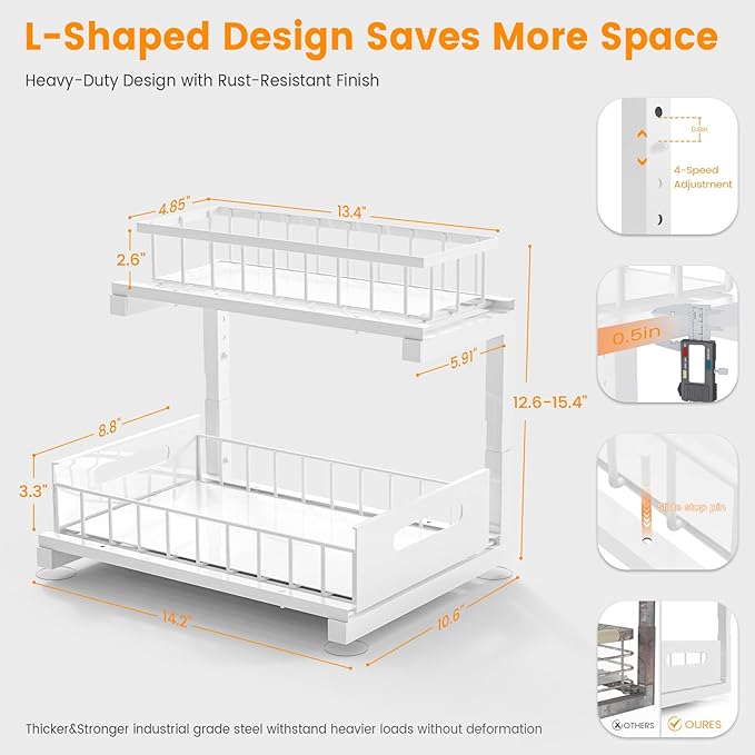 Under Sink Organizer, Heavy Duty Metal Pull Out Cabinet Organizer Slide Out Sink Shelf Organizer Height Adjustable, Multi-Purpose Storage Shelf for Kitchen Bathroom(White,1Pack)