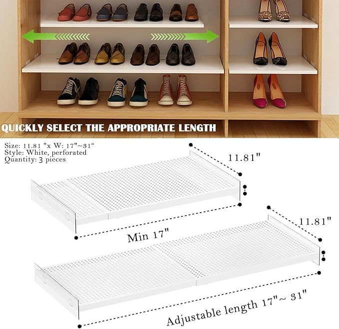 Expandable Closet Shelves, 3 Pack Adjustable Metal Closet Organizers and Perforated Storage Shelves for Wardrobe, Kitchen Pantry, Shoe Rack, (White,11.8" D x 17"-31" W,3PCS)