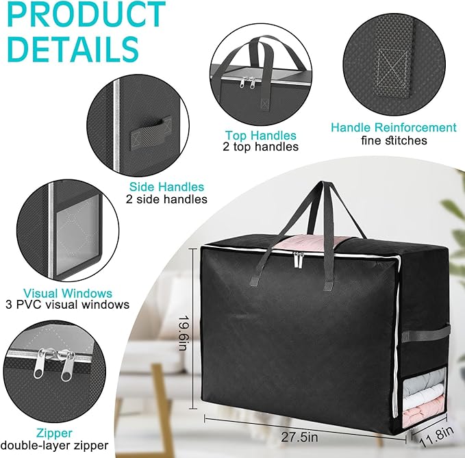 4Pack 105L Extra Large Blanket Comforter Storage Bags, Foldable Storage Bags for King Comforter Bedding Pillow Sheet Clothes with Handles Zippers Clear Window Closet Organizers and Storages, Black